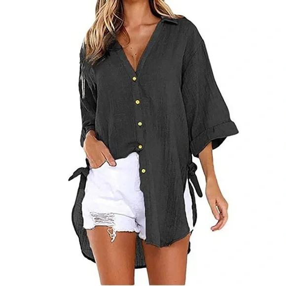 Black Summer Linen High Low Oversized Button Down Tee Size Medium - Picture 1 of 7